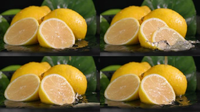 多汁的柠檬和诱人的果肉在水倒在一个黑暗的背景，特写