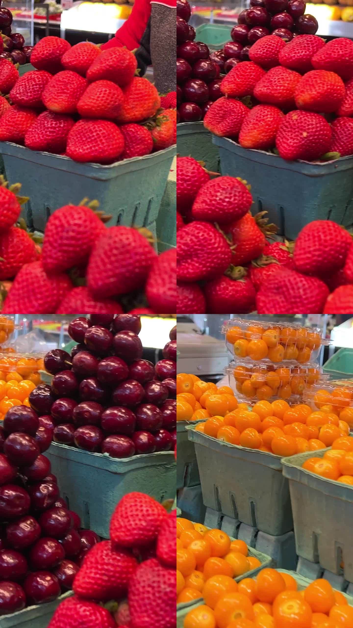 许多装有大量草莓的容器。花园草莓是一种广泛种植的草莓属杂交品种。