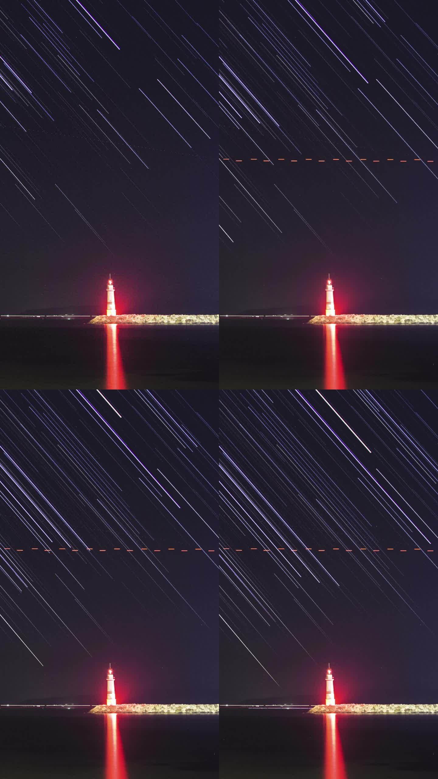 星空下的海滩。黑夜中指引方向的灯塔和伴随的星迹。社交媒体的垂直视频。