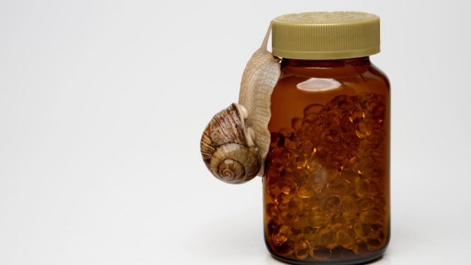 药瓶上的蜗牛。爬在罐子上。