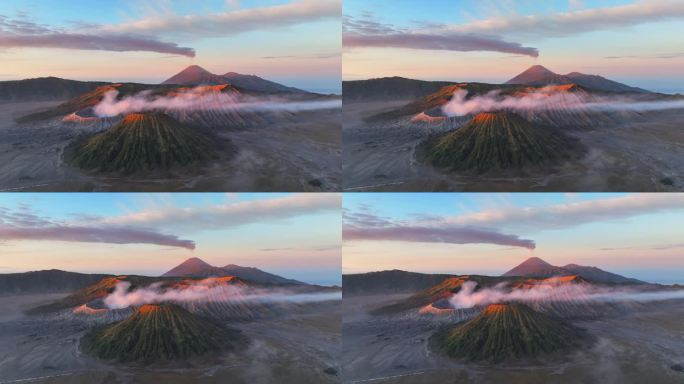 空中无人机日出场景移动的云，雾和烟雾的喷发覆盖火山Mts. Bromo, sememeru, Bat