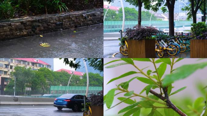 城市马路下雨天雨水雨滴大自然风景风光雨景