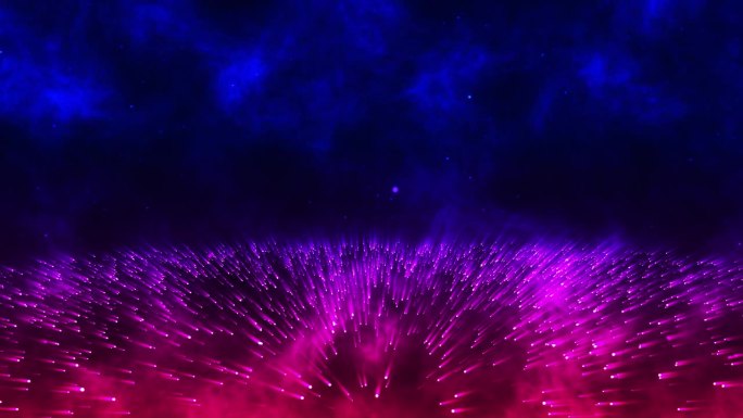 蓝色、紫色和红色的未来主义抽象背景与粒子。抽象空间星系背景。旋转发光粒子的粒子和射线。