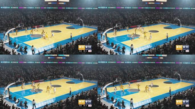 高角度体育频道实况篮球转播与得分信息在屏幕上。全场观看篮球冠军赛。球队比赛，成群的球迷举手欢呼
