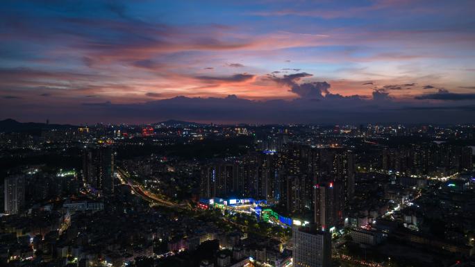 深圳龙岗区横岗街道晚霞夜景航拍延时