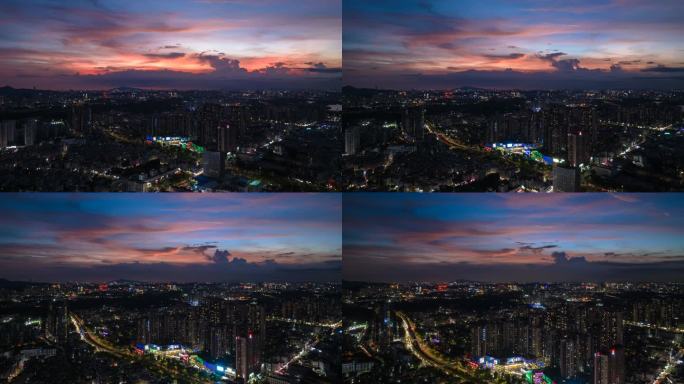 深圳龙岗区横岗街道晚霞夜景航拍延时