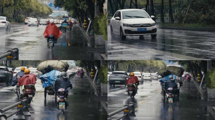 下雨马路行人骑车开车夏天雨季雨水
