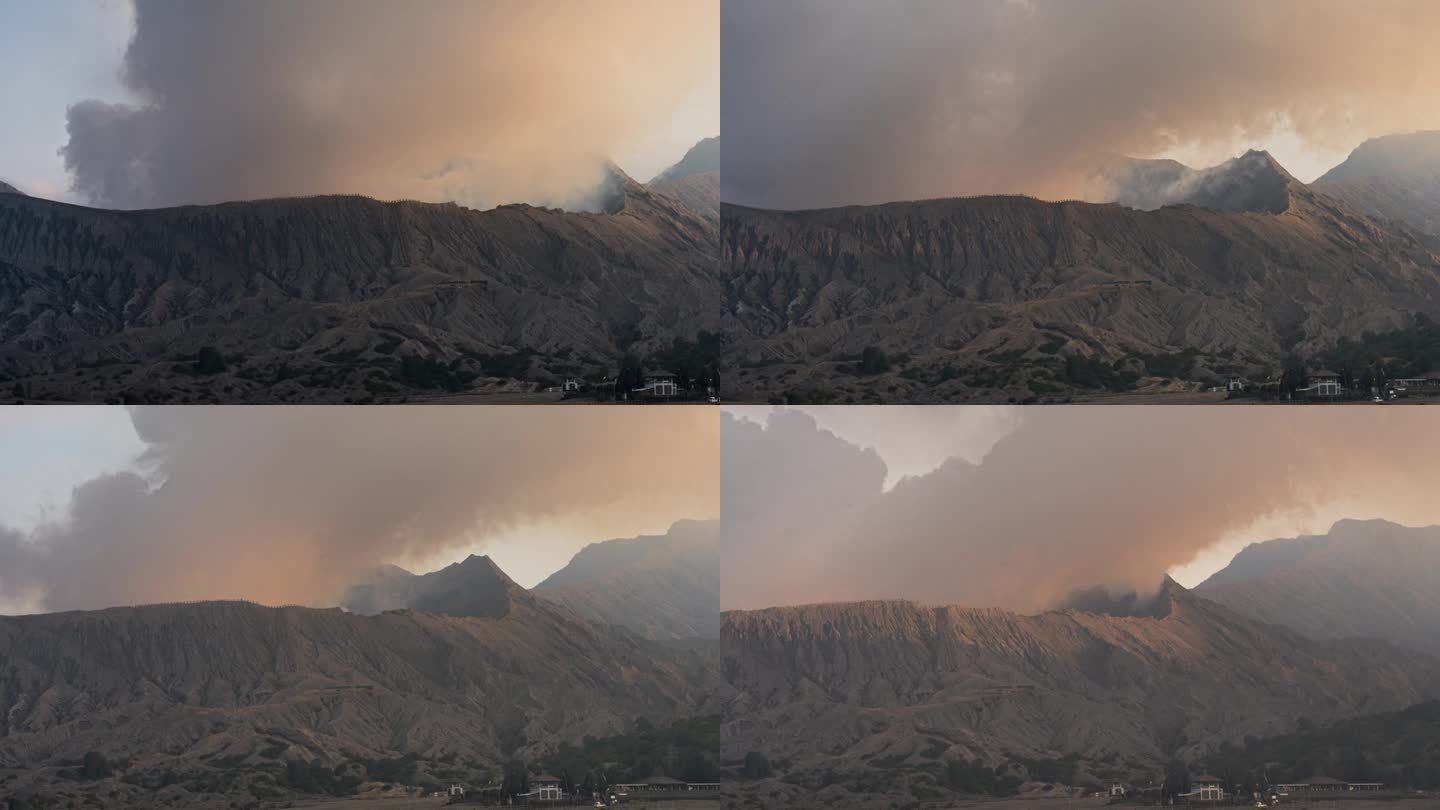 4k延时电影日落场景移动的云，雾和烟雾的喷发覆盖火山mt . Bromo, sememeru, Ba