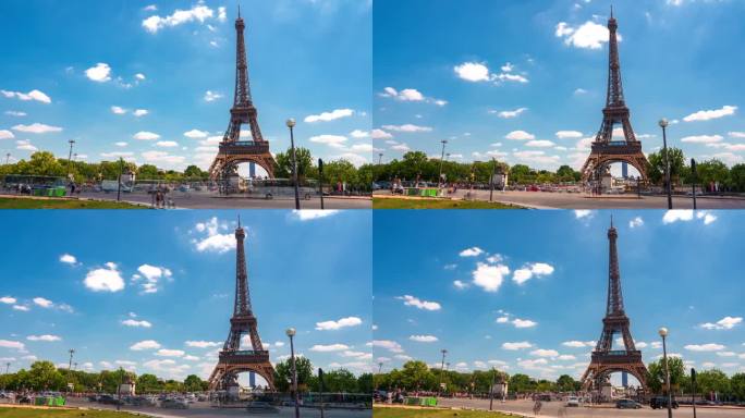 在一个阳光明媚的夏日，法国巴黎，美丽的战神广场和埃菲尔铁塔交替出现。