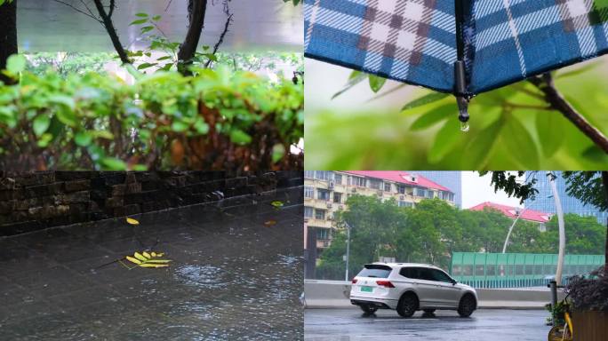 城市马路下雨天雨水雨滴大自然风景风光雨景