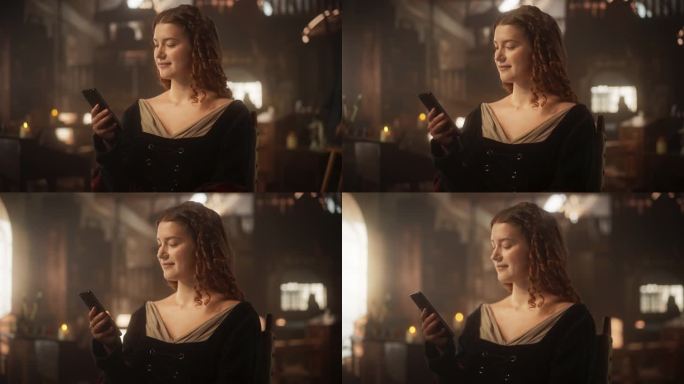 创新理念:身着中世纪服饰的美丽女性在室内使用智能手机。城堡里的公主给朋友发短信，在社交媒体上发帖，在