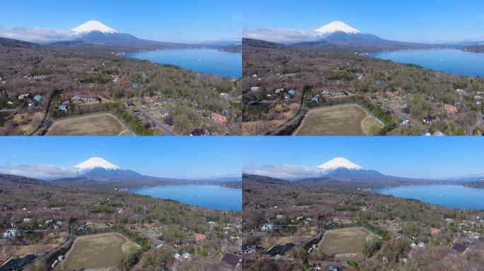 日本川口湖富士山的无人机鸟瞰图