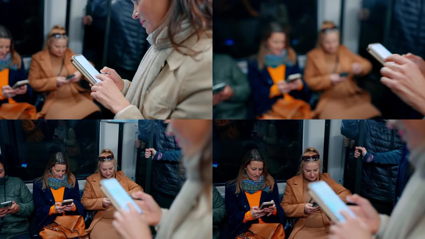 三个女人在火车里玩智能手机