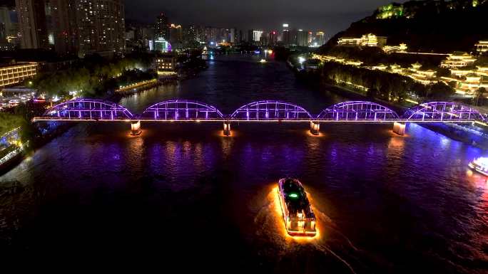 4k航拍兰州中山桥夜景轮船