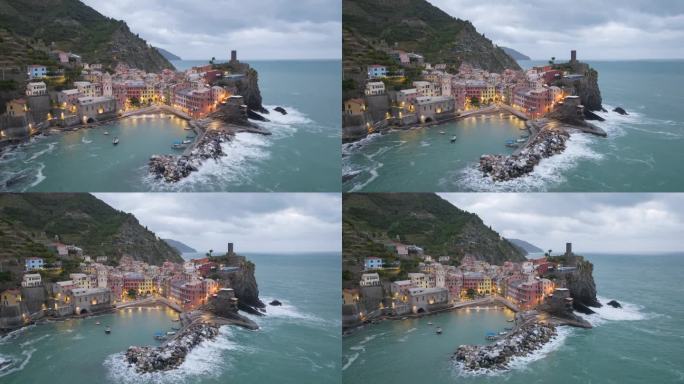 意大利五渔村彩色悬崖小镇Vernazza的空中超俯。