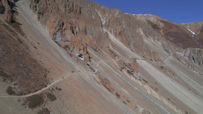 在晴朗的天气条件下，牧羊人与旅行团徒步前往喜马拉雅山脉高山上的蒂利科大本营。远足路线和旅游概念