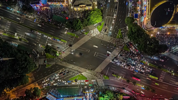 航拍分岔路口车水马龙延时