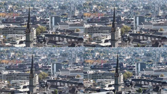 晴朗的一天苏黎世市中心著名的教堂塔航拍全景4k瑞士