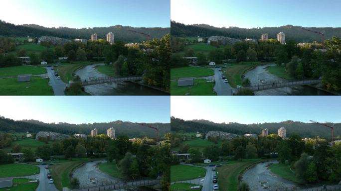 日落时间苏黎世莱姆巴赫河畔公园道路航拍全景4k瑞士