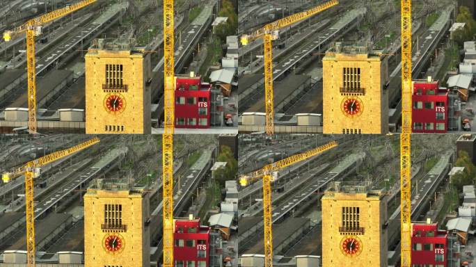日落时间斯图加特市中心交通铁路钟楼建筑航拍全景4k德国