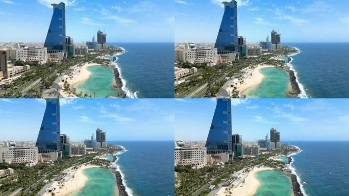 吉达:俯瞰沙特阿拉伯著名的海滨城市，总部商业园区的天际线，罗山海滨休闲区，红海-俯瞰阿拉伯半岛全景