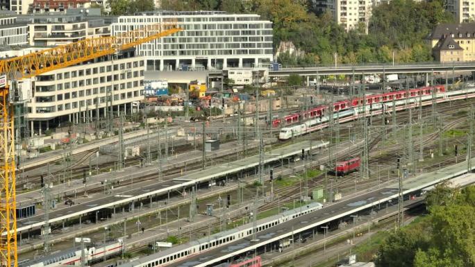 晴天斯图加特市中心交通铁路火车站区域航拍全景4k德国