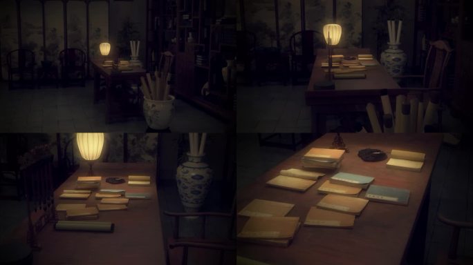 古代夜黑书房点起灯烛书桌的古书自动翻阅