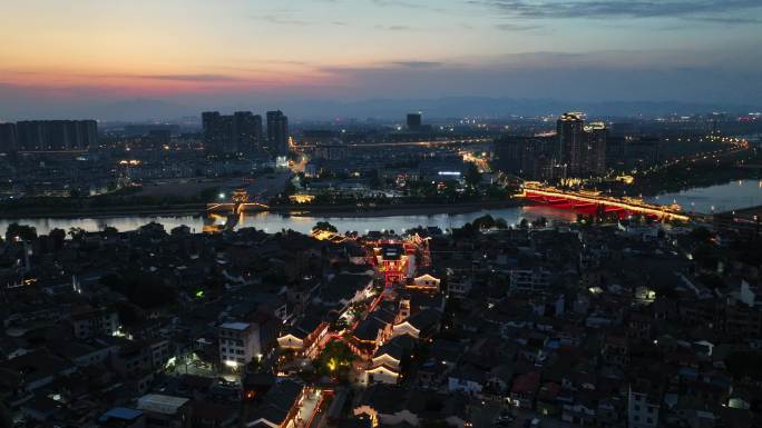 航拍浙江义乌佛堂古镇夜景