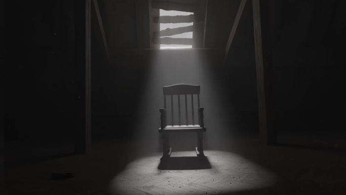 黑暗的阁楼上，被光线照亮的旧摇椅。概念时代与过去