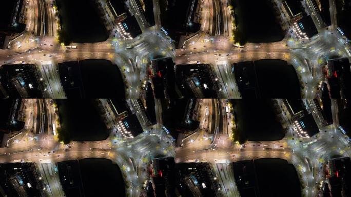 夜间照明苏黎世市滨河中心交通街广场电车站空中俯瞰全景4k延时瑞士
