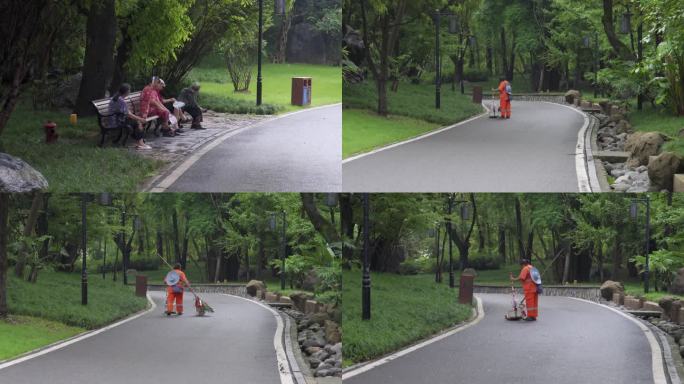 雨后公园里的老人聊天 清洁工扫地