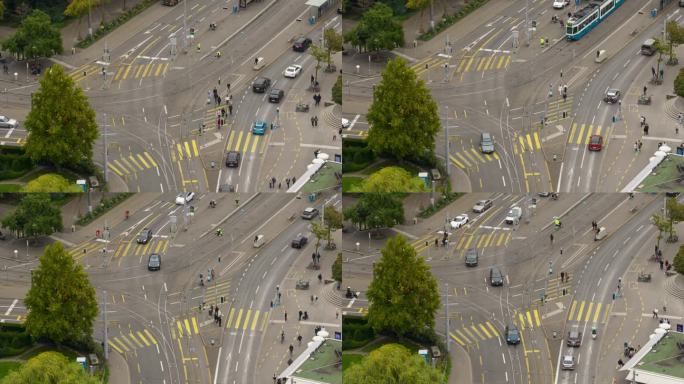 白天苏黎世市中心交通街广场十字路口航拍全景4k延时瑞士