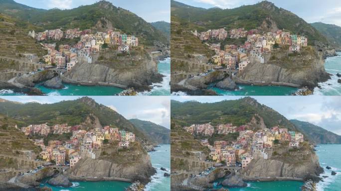 马纳罗拉彩色悬崖边小镇五渔村，意大利空中超俯。