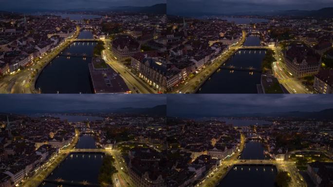 夜光苏黎世市中心交通街道大桥河滨航拍全景4k延时瑞士