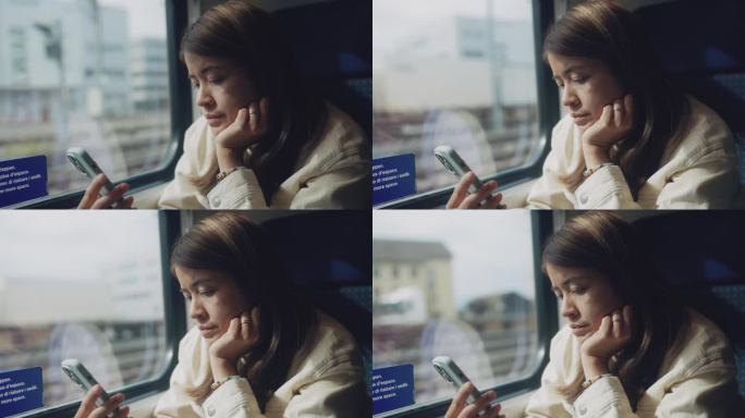 亚洲女性在火车上用手机寻找吸引力。