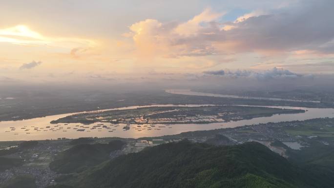 4K杭州萧山义桥寺坞岭望江阁三江口落日