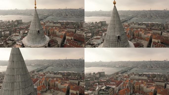 2001年，土耳其伊斯坦布尔，加拉塔塔无人机在建筑物上空飞行
