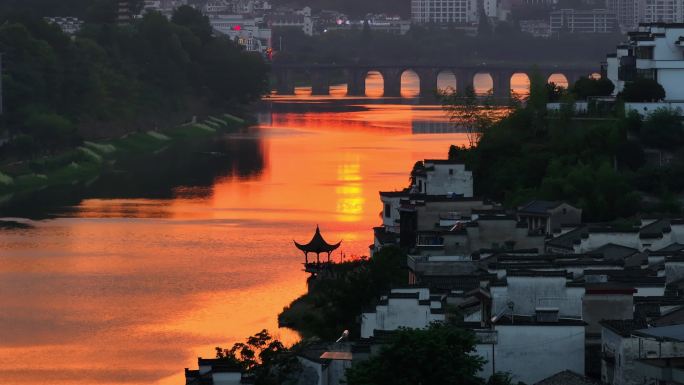 安徽 徽州古城 歙县晚霞 江景 航拍