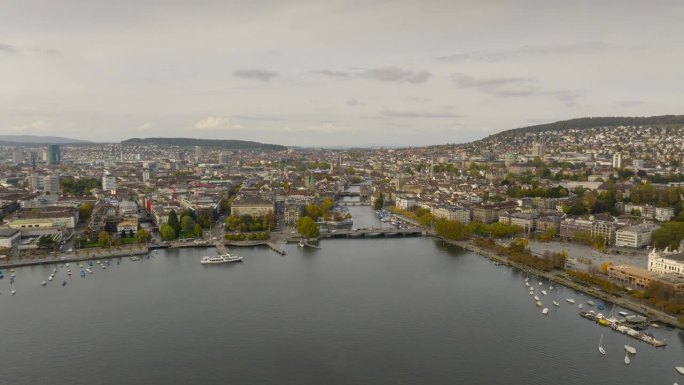 白天苏黎世市著名的湖滨湾航拍全景4k延时瑞士