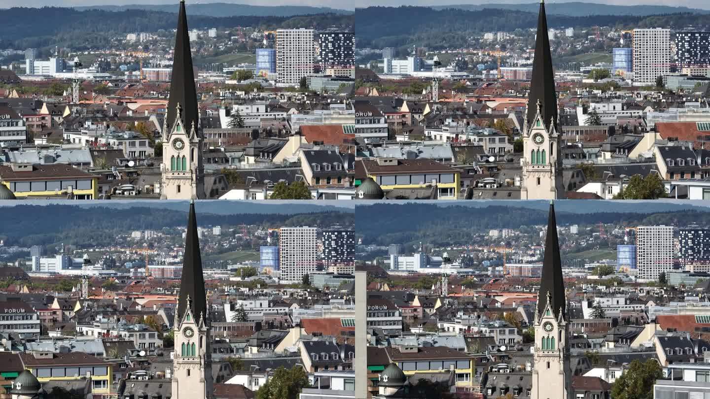 晴朗的一天苏黎世市中心著名的教堂钟楼外部鸟瞰全景4k瑞士