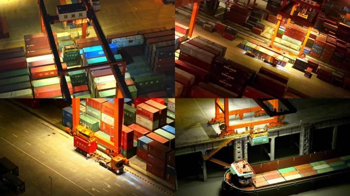 贵港港集装箱码头夜景航拍视频素材