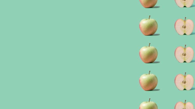 停止运动切割和整个苹果出现和消失在柔和的背景。