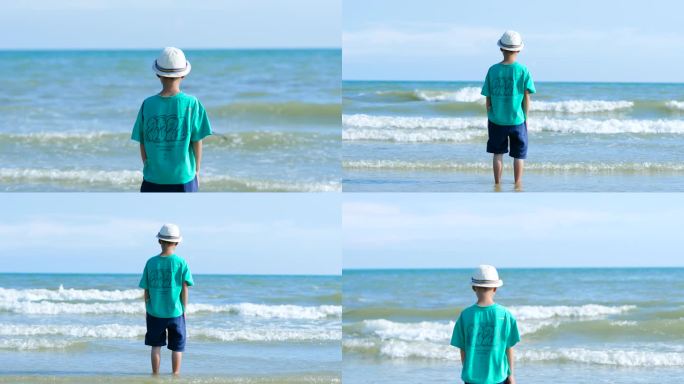 小男孩看海背影