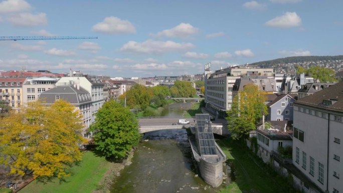 晴朗的一天苏黎世市中心运河交通大桥航拍全景4k瑞士