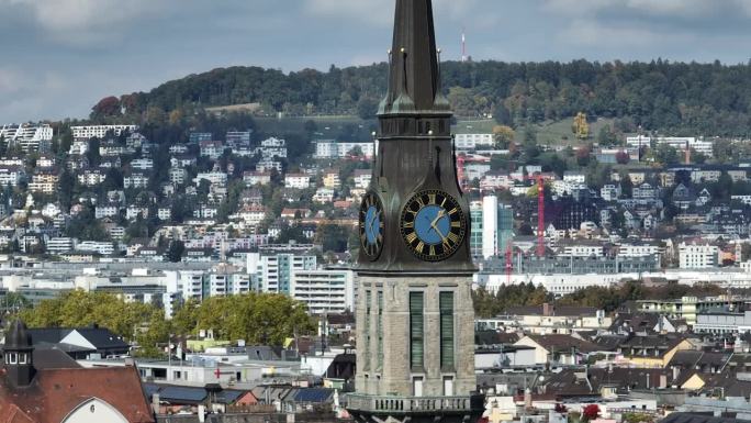 晴朗的一天苏黎世市中心著名的教堂钟楼鸟瞰全景4k瑞士