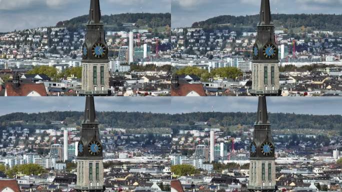 晴朗的一天苏黎世市中心著名的教堂钟楼鸟瞰全景4k瑞士