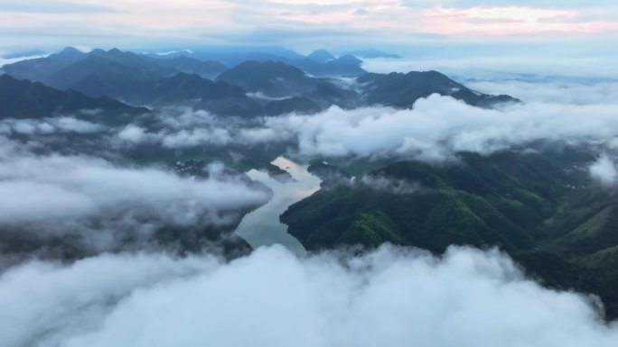 延时摄影航拍皖南云海丰乐湖风景