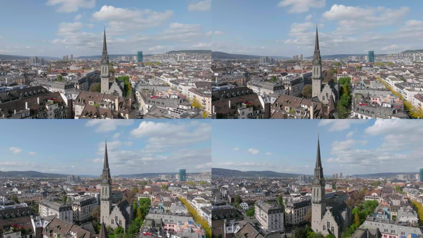 晴朗的一天苏黎世市中心著名的教堂钟楼前外部鸟瞰全景4k瑞士