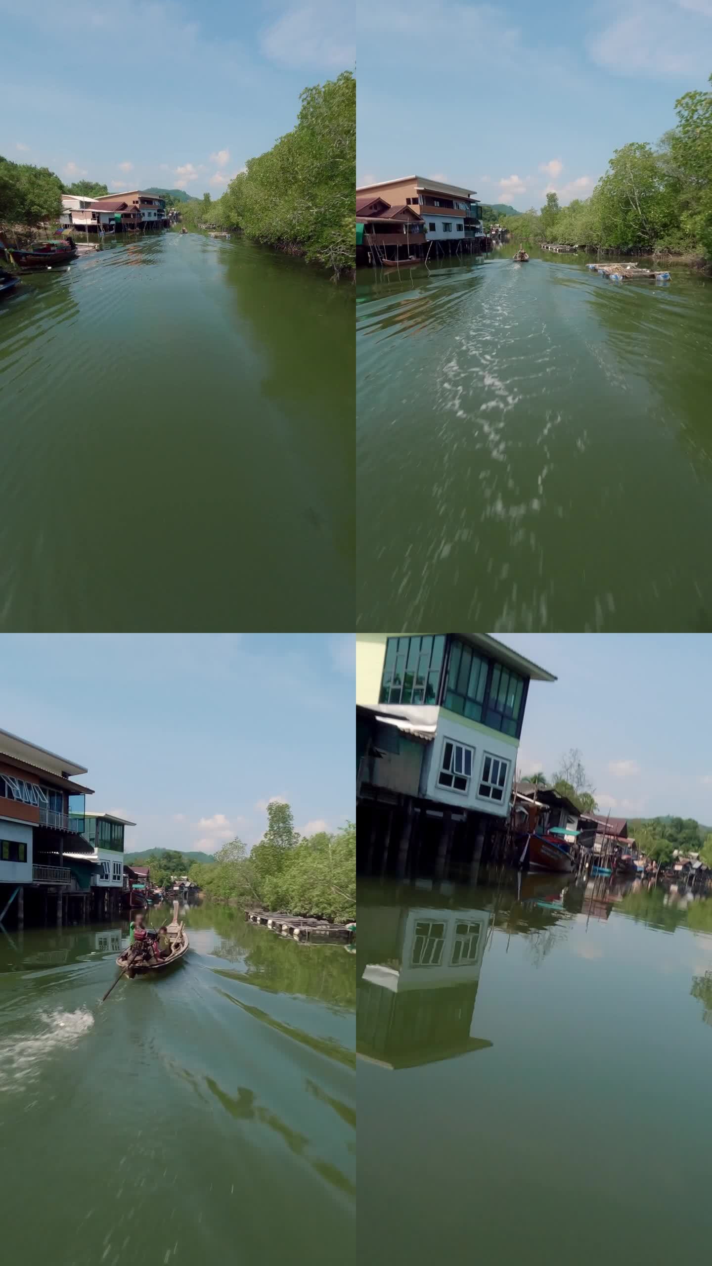 垂直视频。亚洲传统的长尾渔村人浮舟