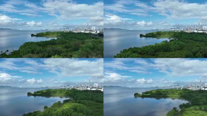 深圳湾红树林前景城市天际线直推航拍素材